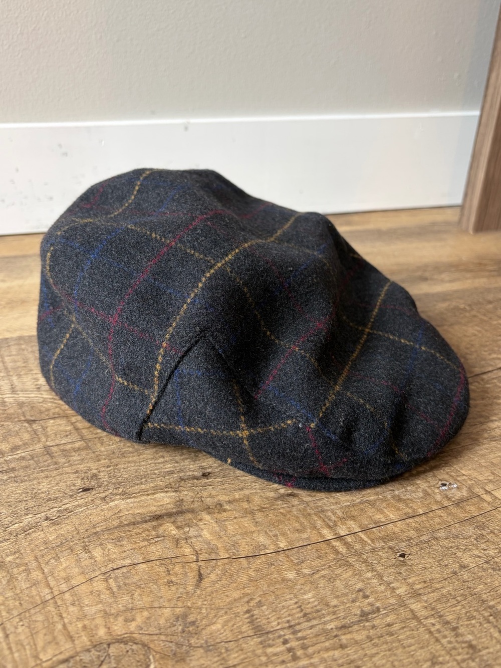 Stetson Dark Windowpane Plaid Wool Blend Newsboy Flat Cap Vintage Inspired